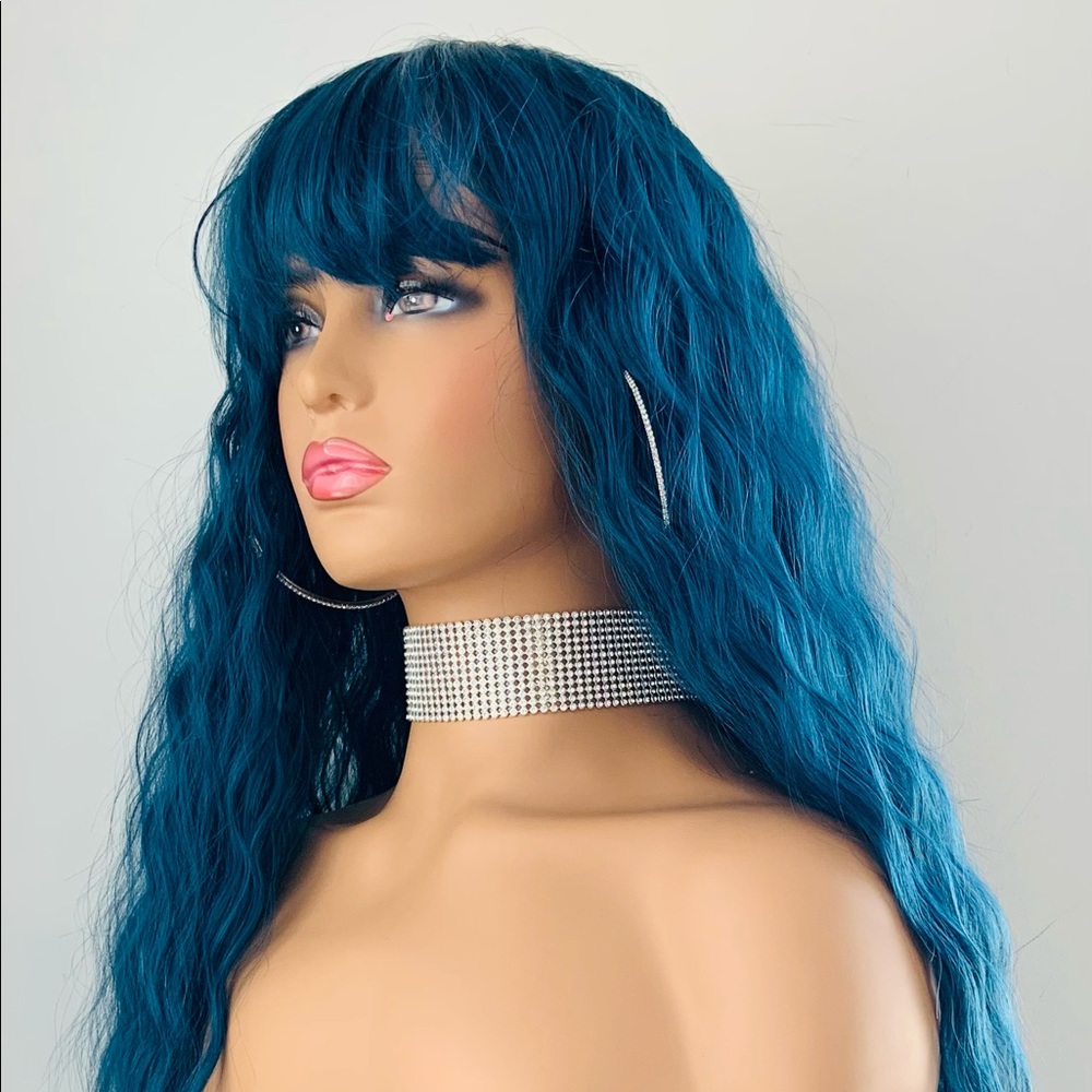Long Indigo Blue Premium Fiber Wig with Bangs - “Put On & Go” 🙌💙